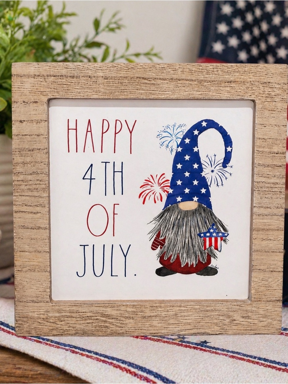 NEW Rae Dunn Happy 4th of July Wood Sign Patriotic Gnome Farmhouse Decor 8x8